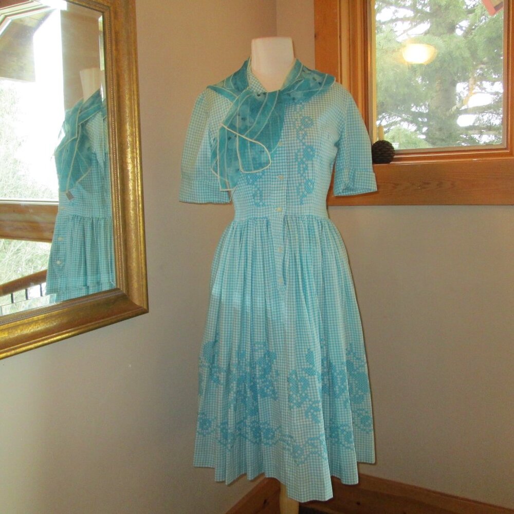 '50s Handmade Blue Gingham Rockabilly Dress w/ Cross Stitch Designs & Scarf M